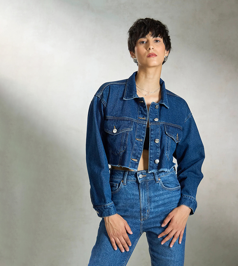 Washed Long Sleeves Crop Denim Jacket