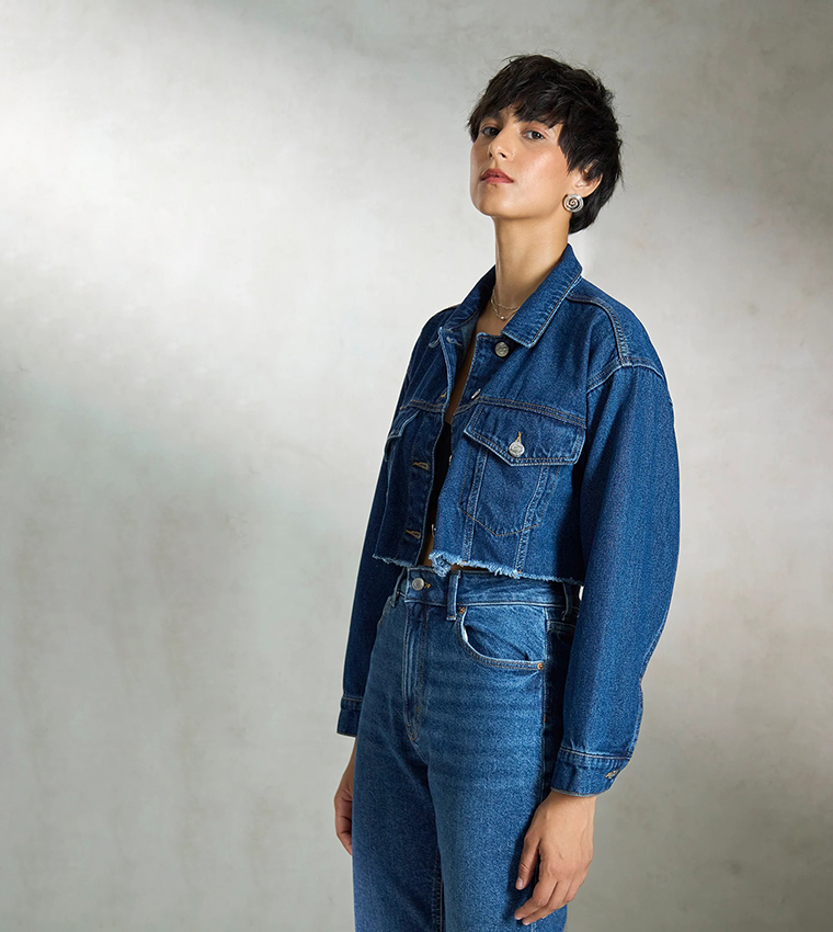 Washed Long Sleeves Crop Denim Jacket