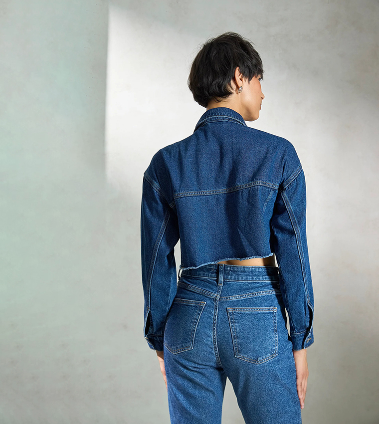 Washed Long Sleeves Crop Denim Jacket