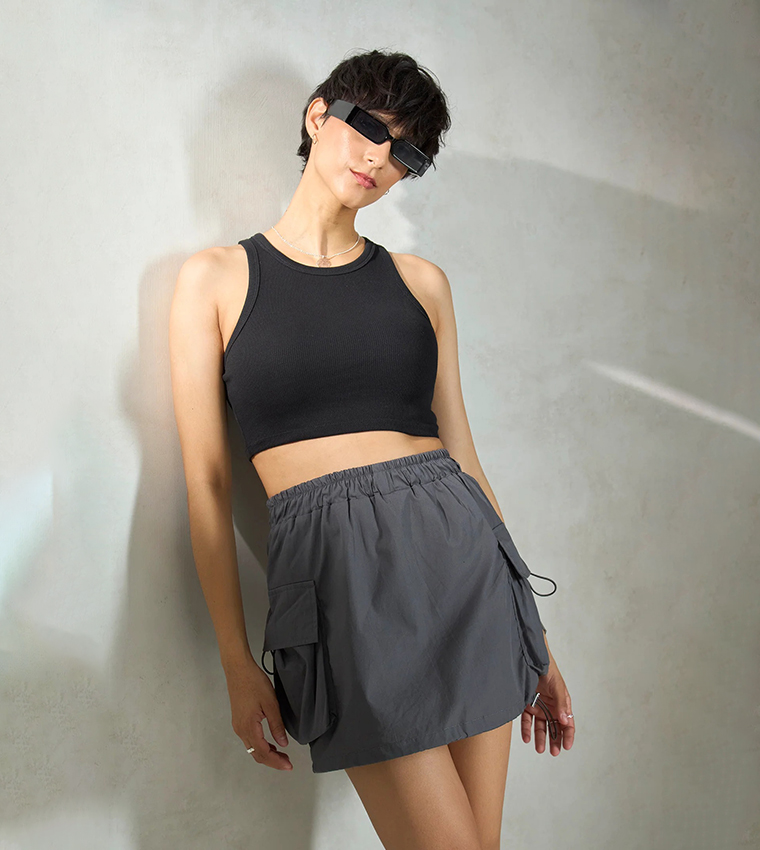 Elastic Waist Cargo Mini Skirt