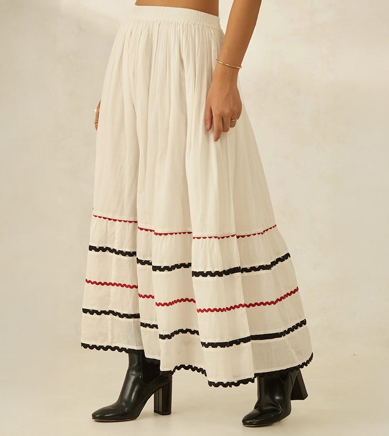 Lace Trim Cotton Flared Maxi Skirt