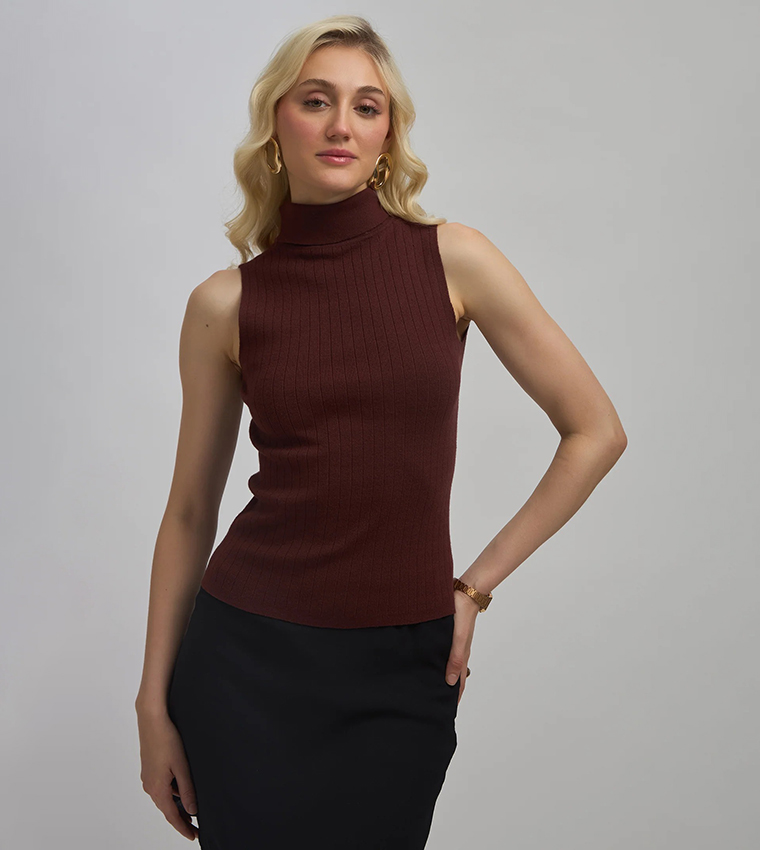Ribbed Turtleneck Sleeveless Top