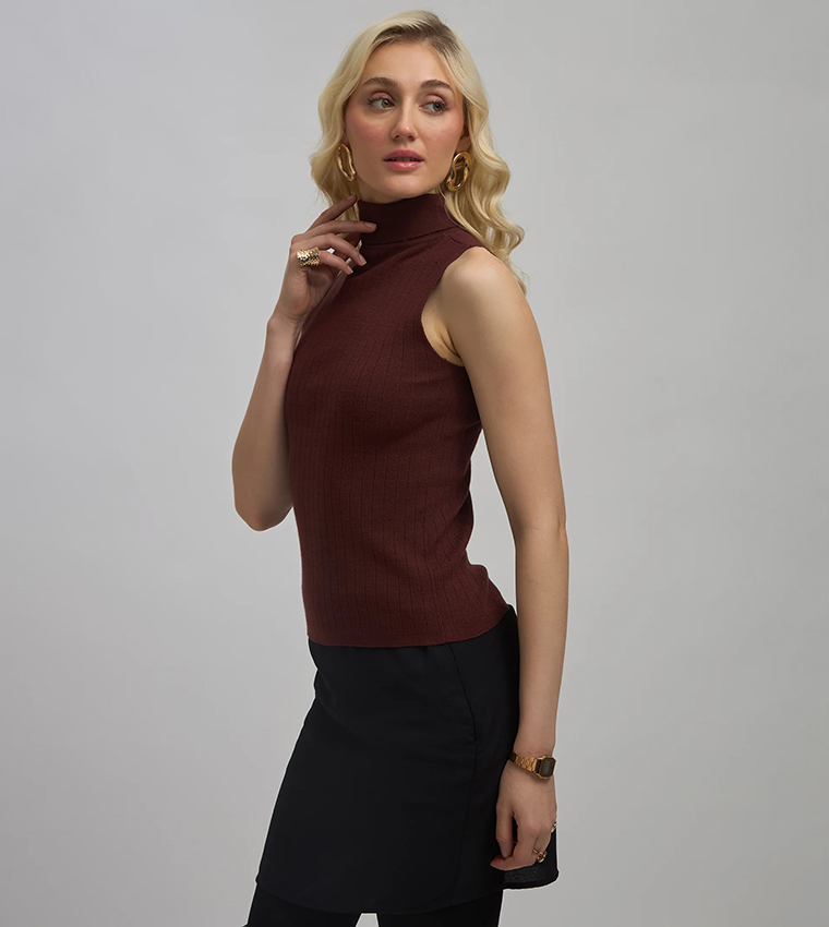 Ribbed Turtleneck Sleeveless Top
