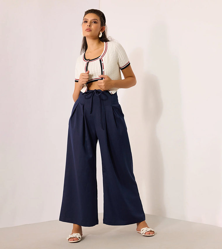 Solid High Waist Wide Leg Trousers