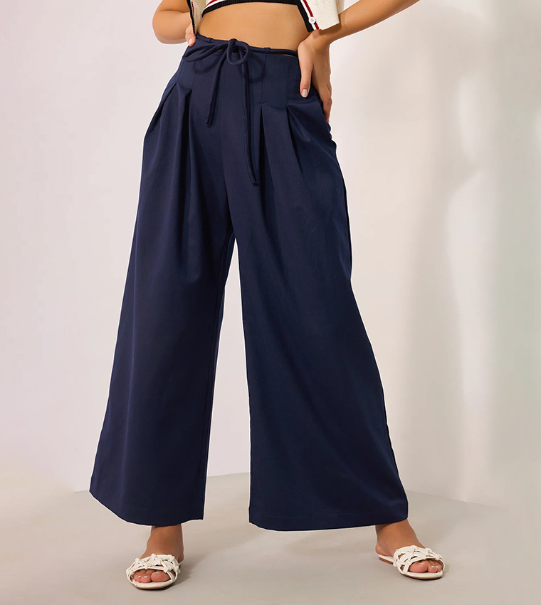 Solid High Waist Wide Leg Trousers