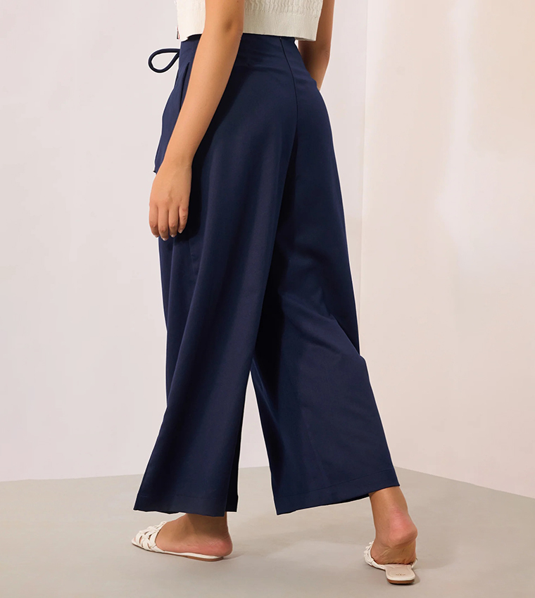 Solid High Waist Wide Leg Trousers