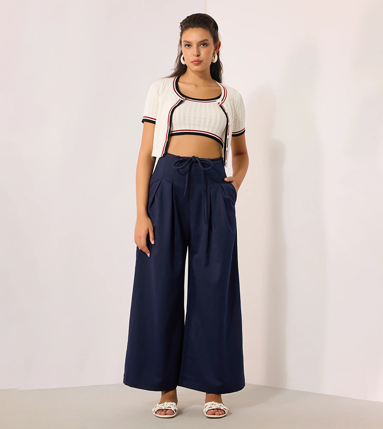 Solid High Waist Wide Leg Trousers
