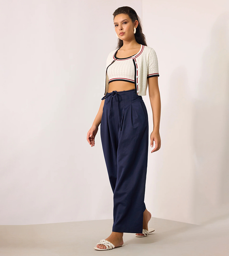 Solid High Waist Wide Leg Trousers