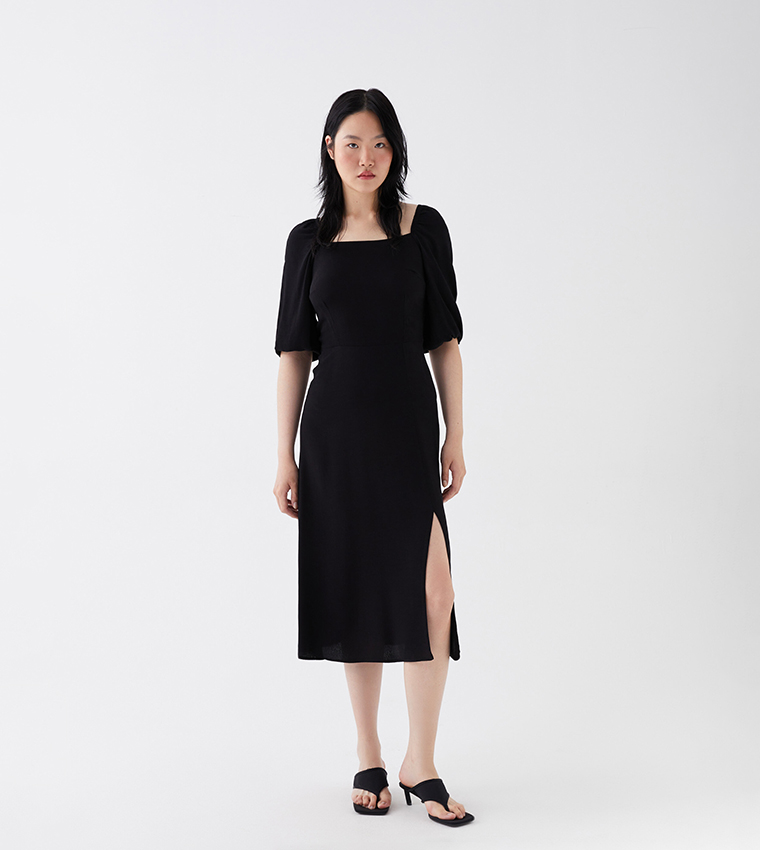 Buy LC Waikiki Solid Square Neck Dress With Slit In Black