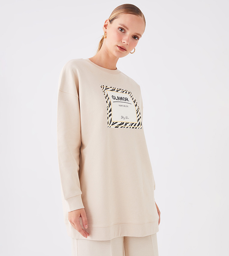 Buy LC Waikiki Printed Long Sleeves Oversized Tunic Sweatshirt In Beige