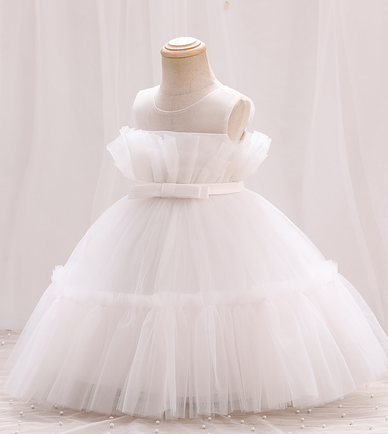 Bow Front Ruffle Hem Mesh Gown Dress