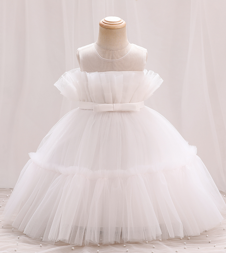 Bow Front Ruffle Hem Mesh Gown Dress