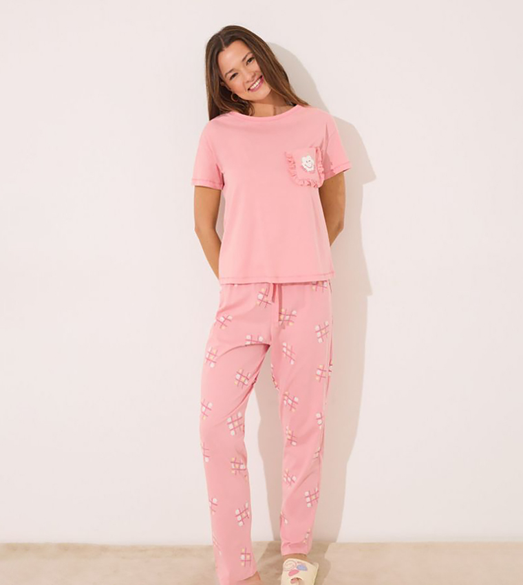 Smiley Printed Short Sleeves Cotton Pyjama Set