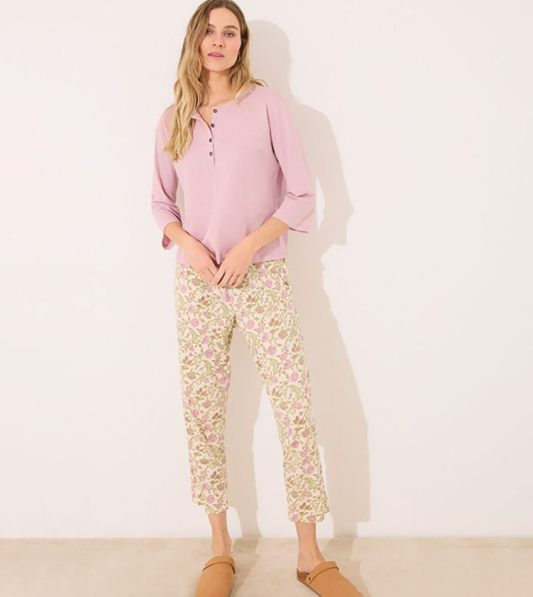 Solid 3/4 Sleeves Cotton Lounge T-Shirt