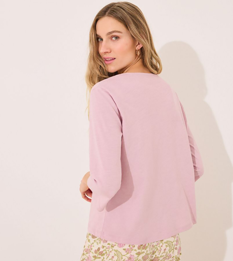 Solid 3/4 Sleeves Cotton Lounge T-Shirt