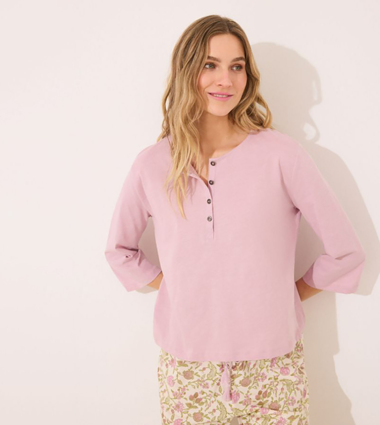 Solid 3/4 Sleeves Cotton Lounge T-Shirt