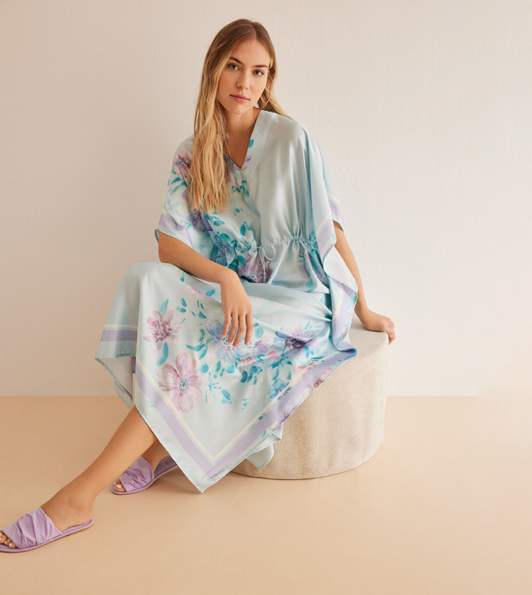Floral Print Satin Kaftan Dress