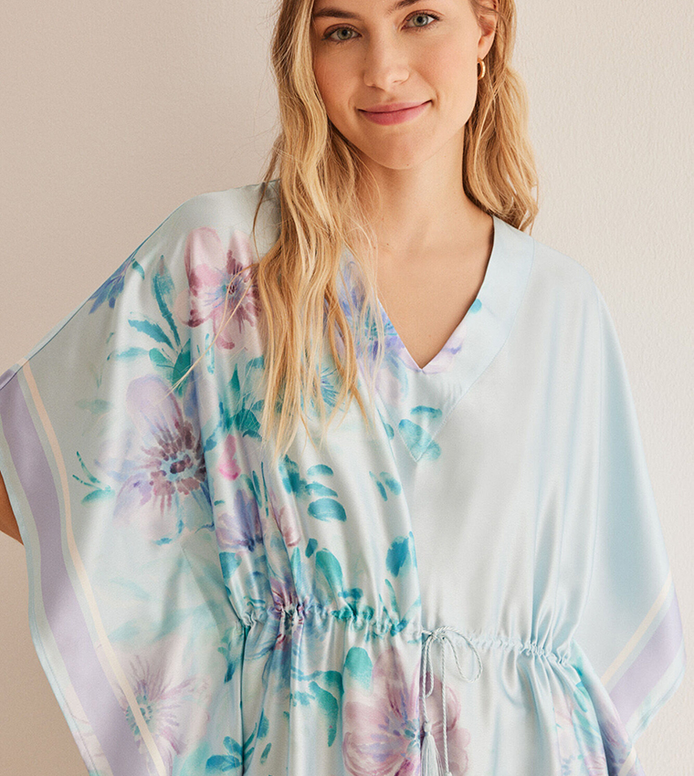 Floral Print Satin Kaftan Dress