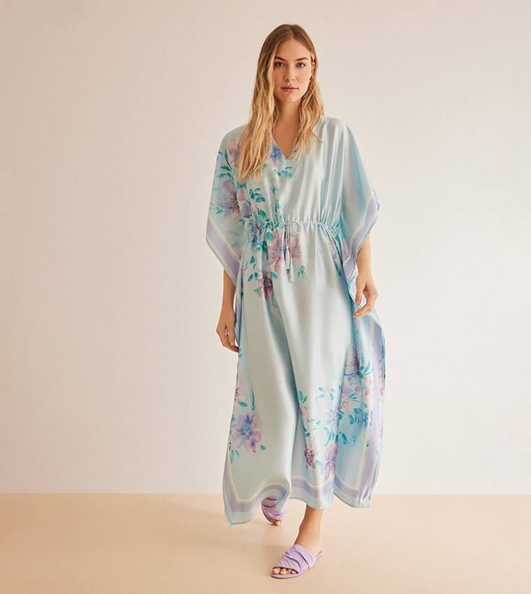 Floral Print Satin Kaftan Dress