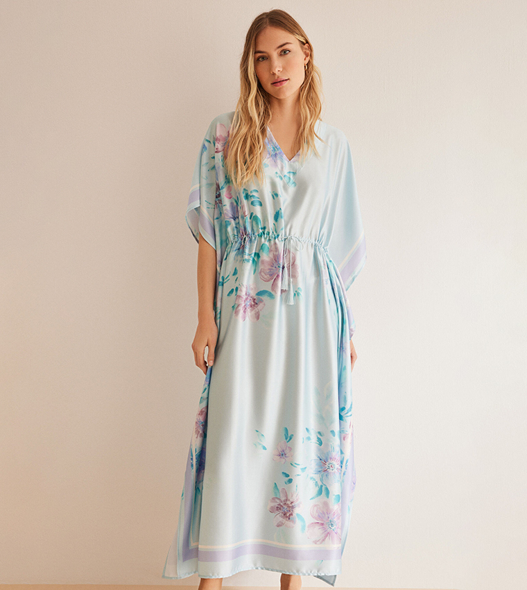 Floral Print Satin Kaftan Dress