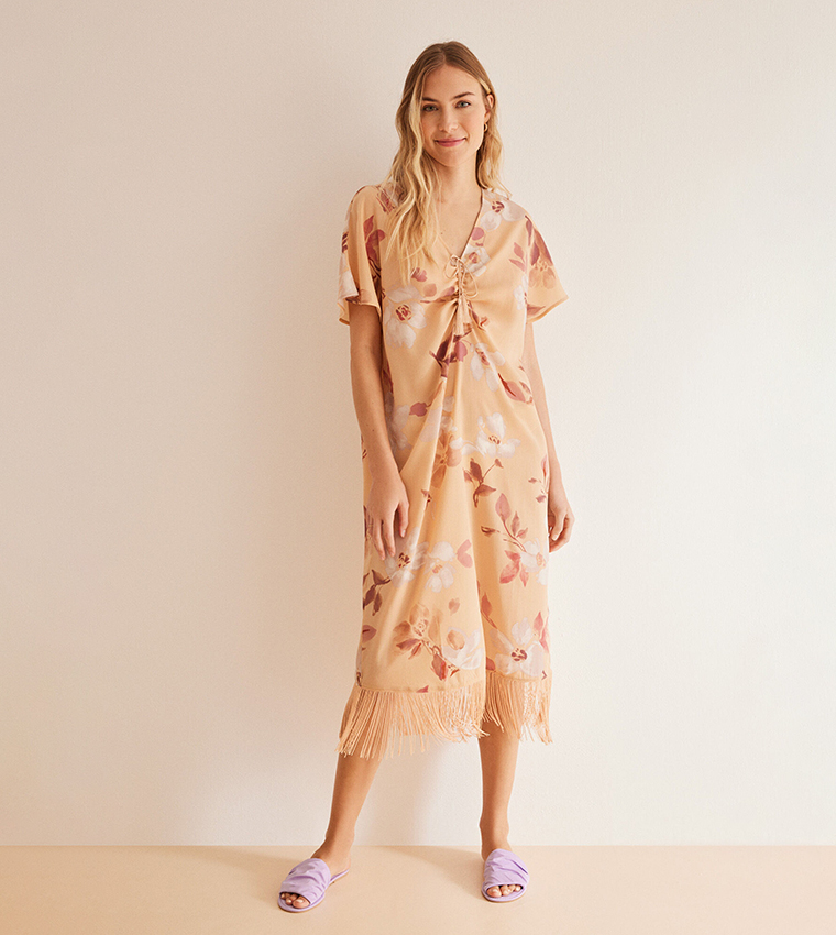 Printed V-Neck Midi Dress