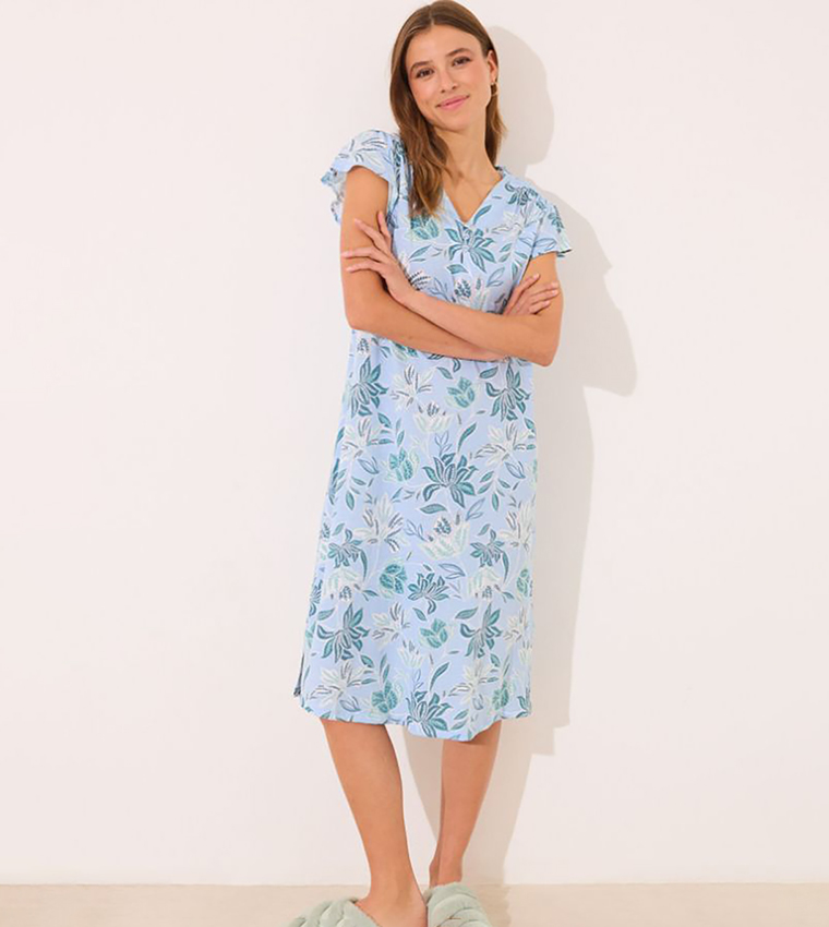 Floral Printed Short Sleeves Cotton Nightdress