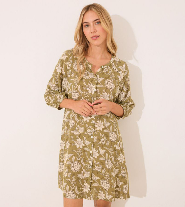 Floral Printed Viscose Shirt Dress