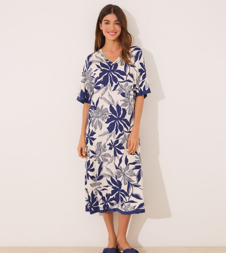 Floral Printed V-Neck Satin Midi Dress
