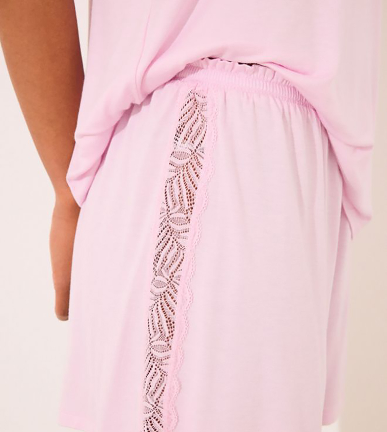 Lace Trim Strappy Viscose Shorty Pyjama Set