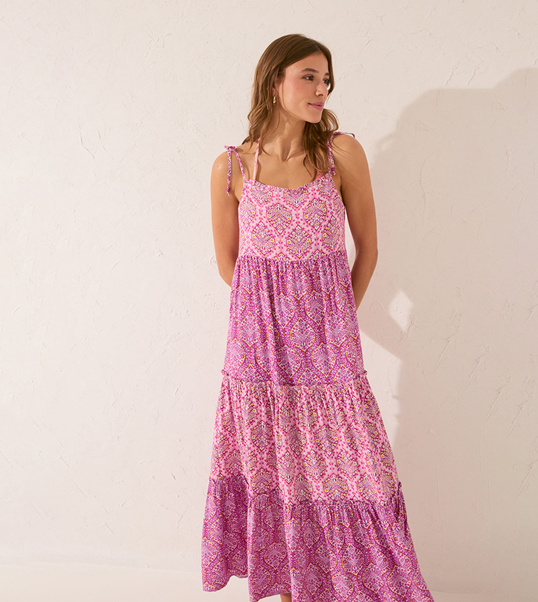Patterned Strappy Tiered Dress