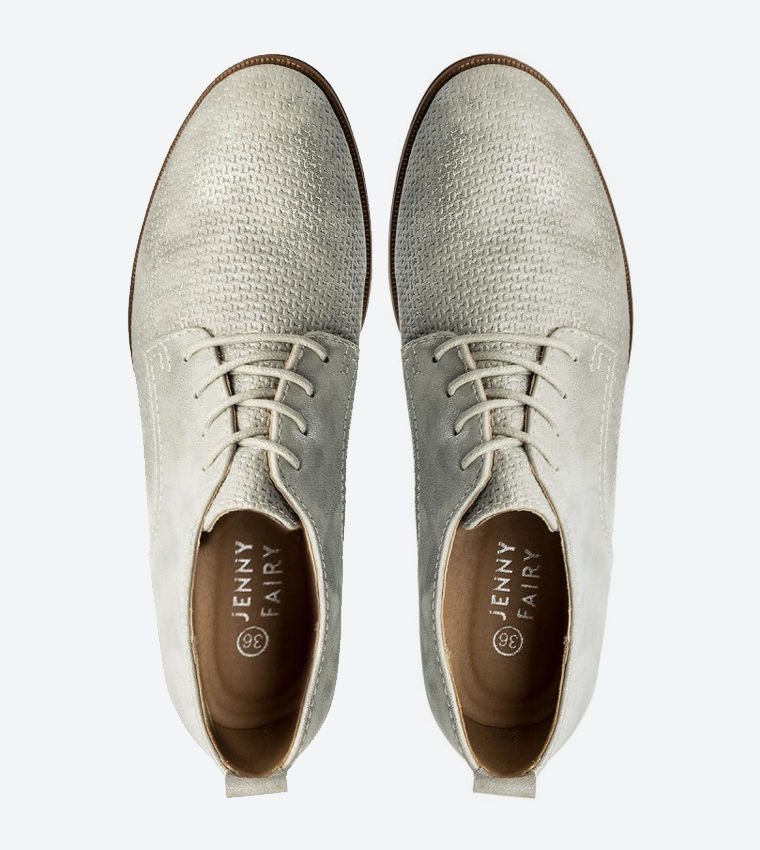 Lace Up Closure Block Heel Oxford Shoes - Silver