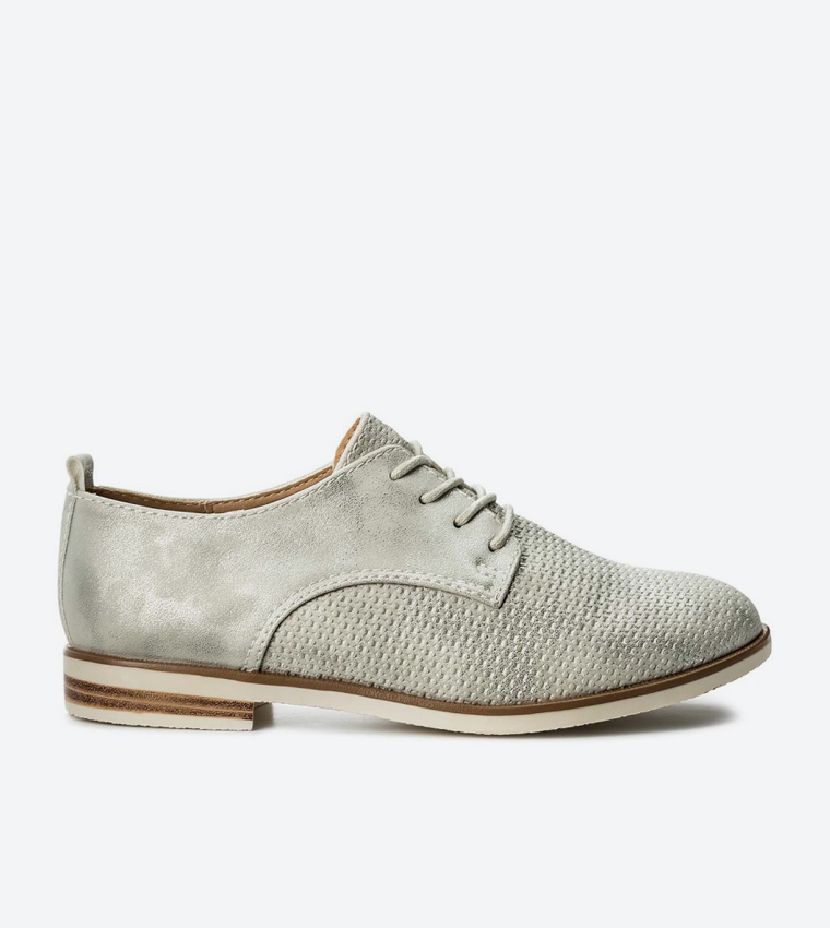 Lace Up Closure Block Heel Oxford Shoes - Silver