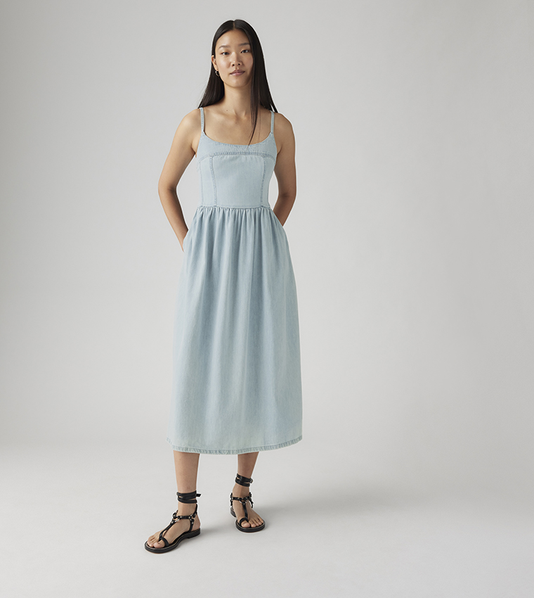 ALESSIE Strappy Denim Midi Dress