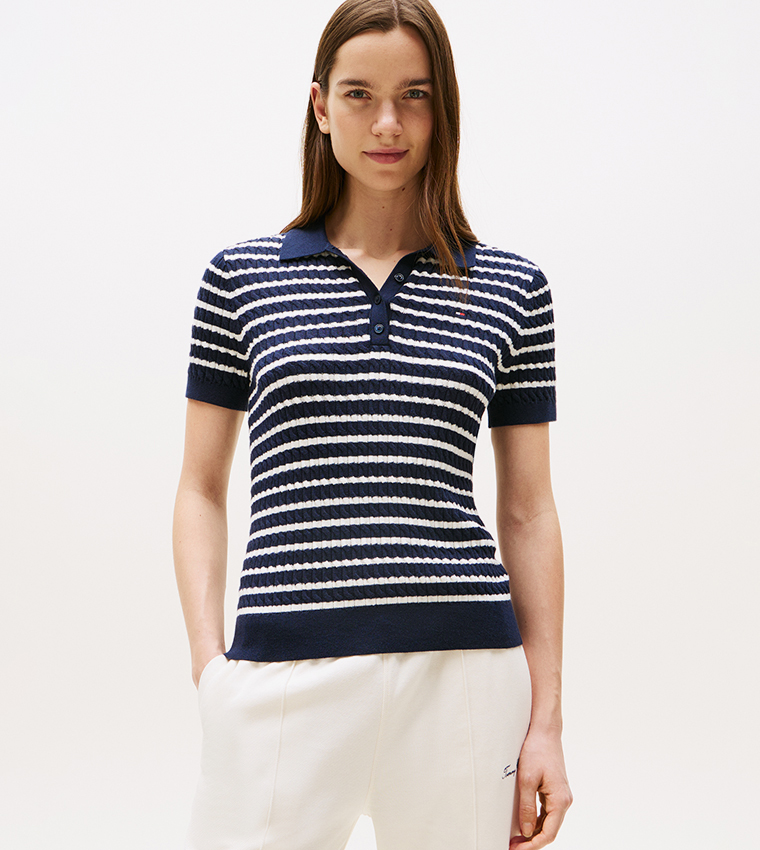 Striped Collared Short Sleeves Sweater