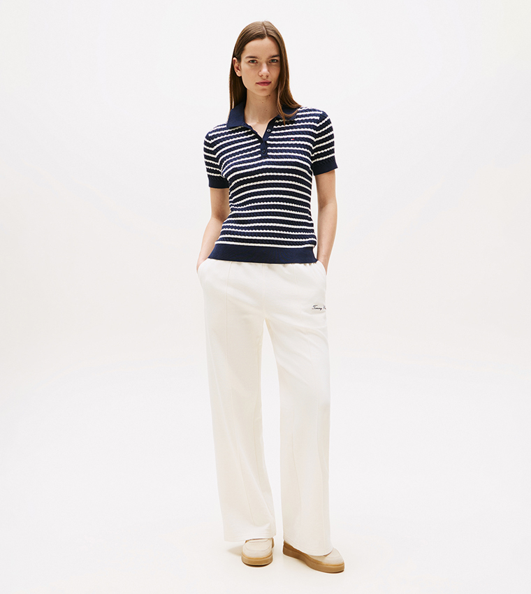 Striped Collared Short Sleeves Sweater