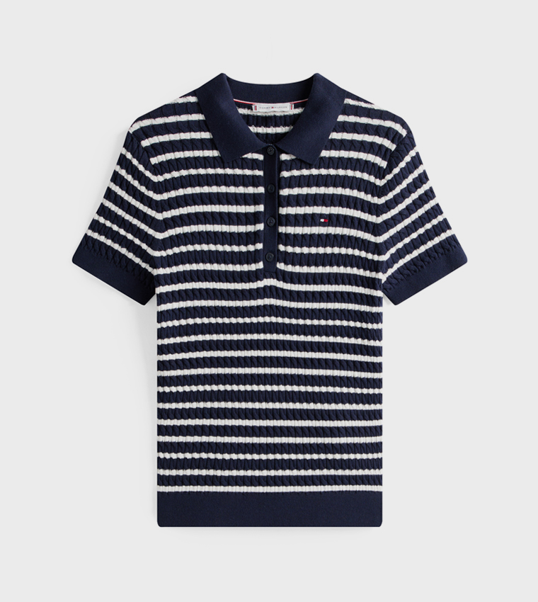 Striped Collared Short Sleeves Sweater