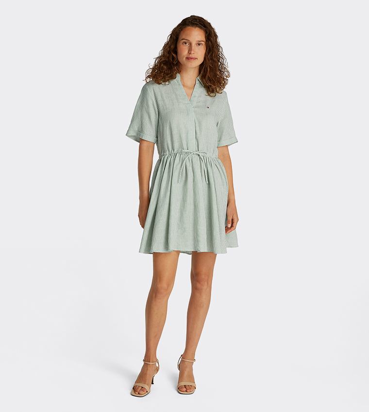 chinese dress ladies Tommy Hilfiger Women's Poplin Frill Sleeveless Shirt Dress,Classic Ithaca  White Rose Petal X-Small at Amazon Women's Clothing store