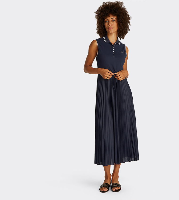Logo Detail Pleated Midi Polo Dress