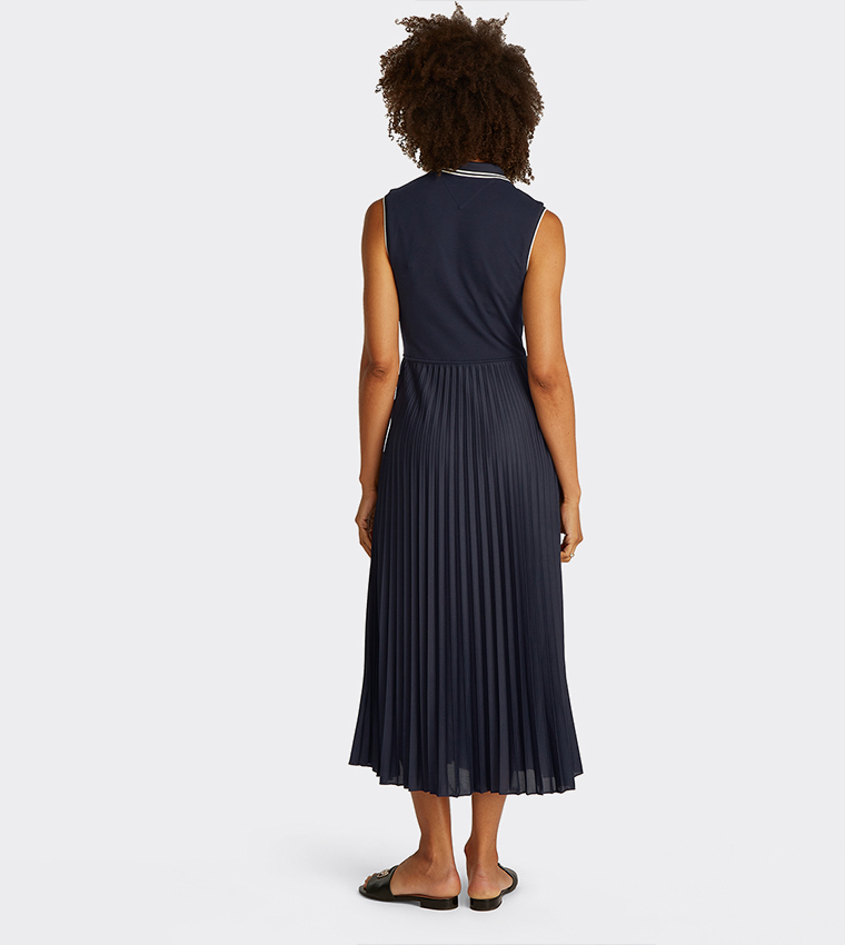 Logo Detail Pleated Midi Polo Dress