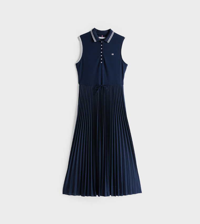 Logo Detail Pleated Midi Polo Dress