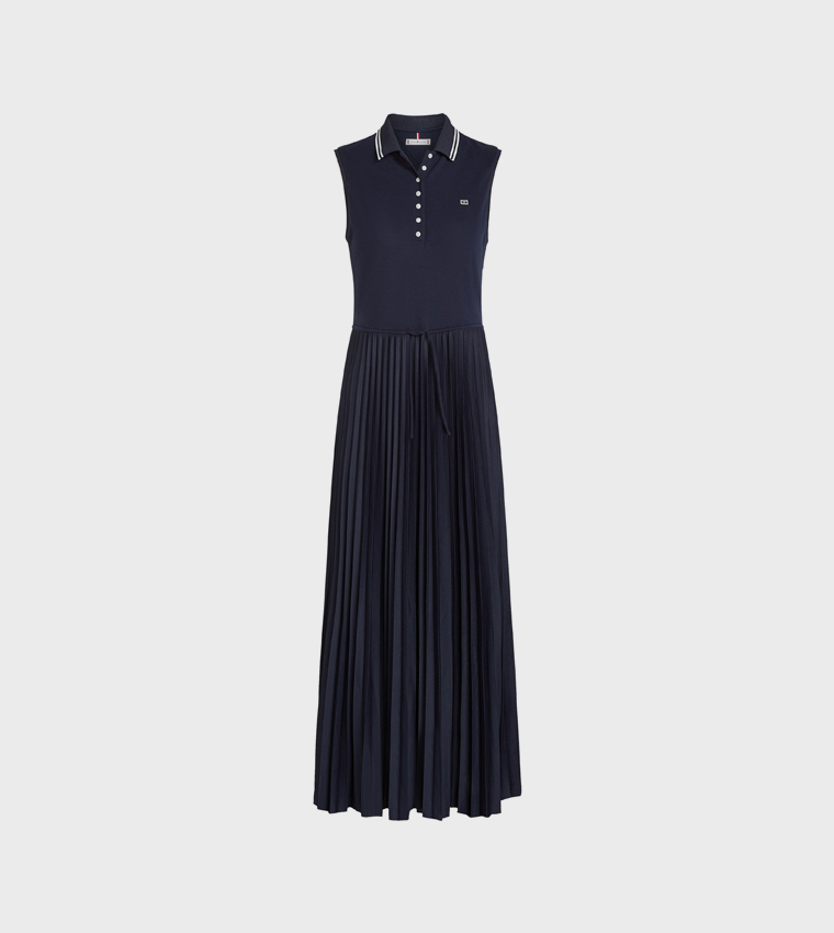 Logo Detail Pleated Midi Polo Dress