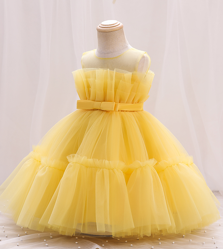Bow Front Ruffle Hem Mesh Gown Dress