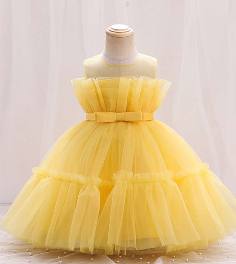 Bow Front Ruffle Hem Mesh Gown Dress
