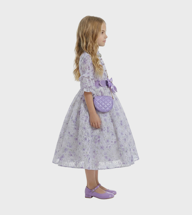 SAFA Floral Patterned Flared Dress with Bag
