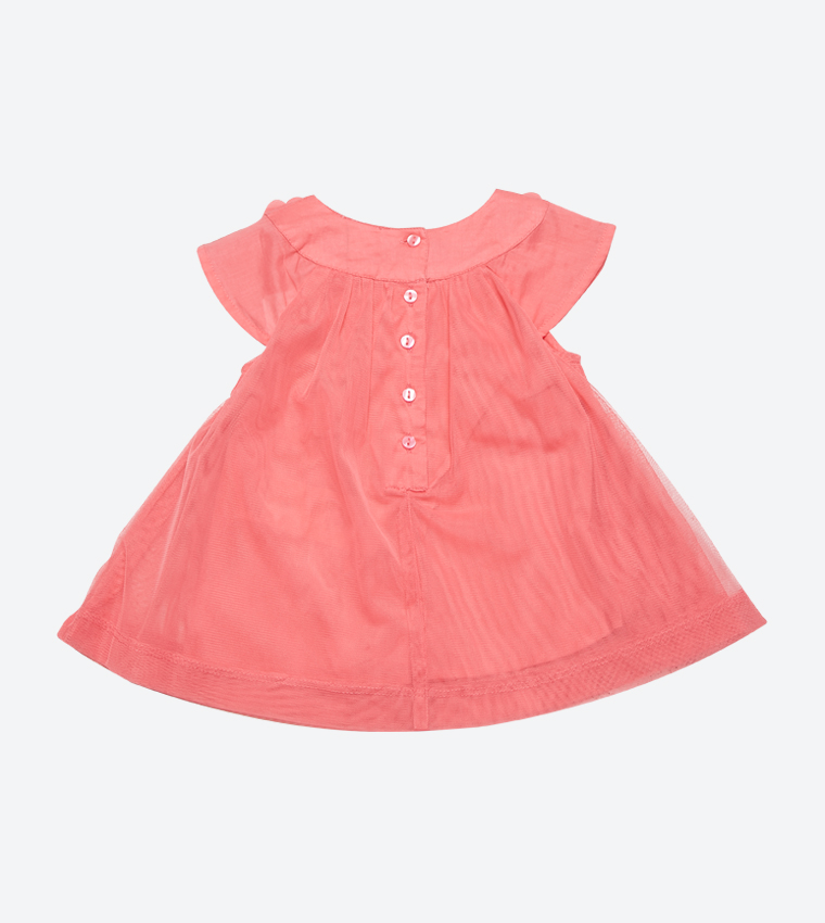 Short Sleeve Round Neck Lace Dress - Pink