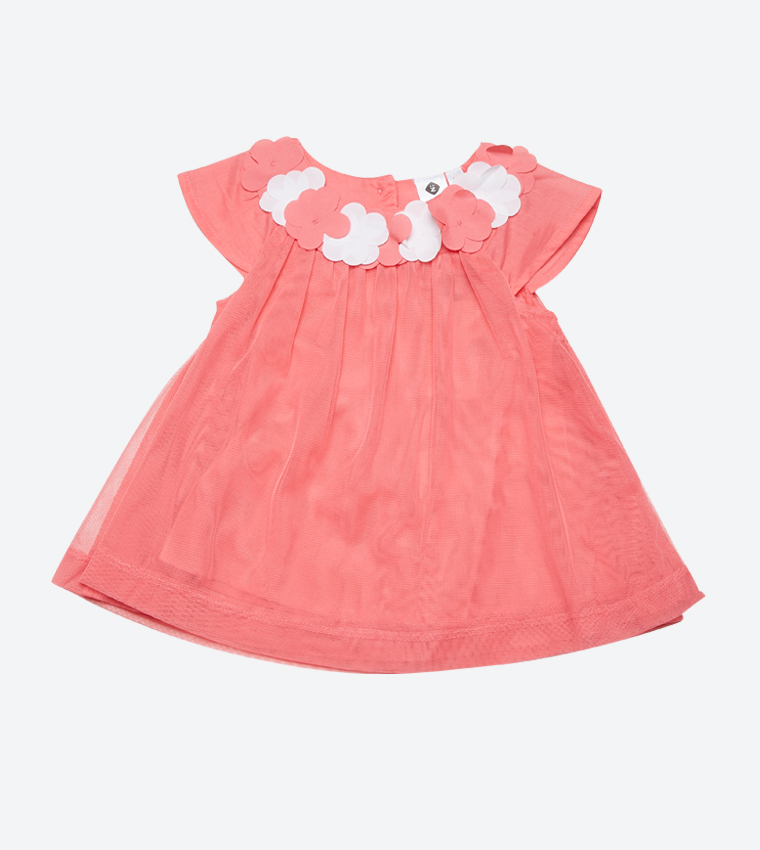 Short Sleeve Round Neck Lace Dress - Pink